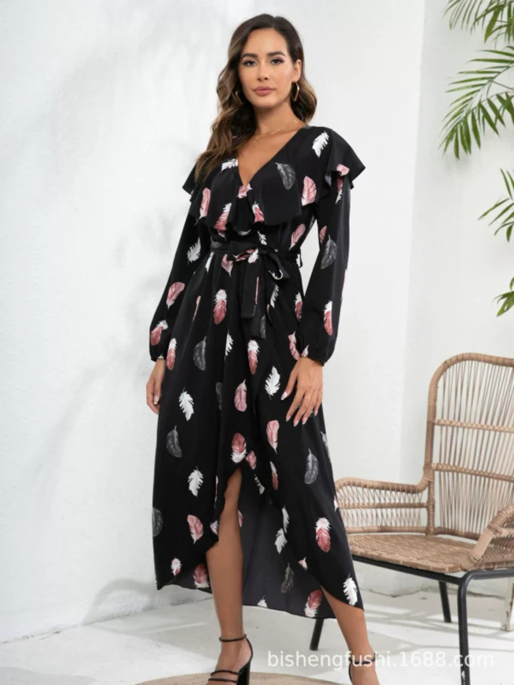 New Feather Print Ruffle Collar Lantern Sleeve Slit Flared Long Wrap Dress Women
